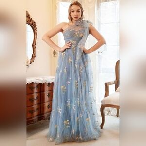 Elegant Blue Floral One-Shoulder Dress